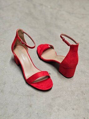 Red Block Heel Sandals With Ankle Strap  Womens Shoes Open Toe Design Elegant &